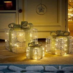 Best Pirce 🤩 Three Kings Set Of 3 Pre Lit Silver Glittery 🔔 Christmas Presents With Gold Bows 🎁