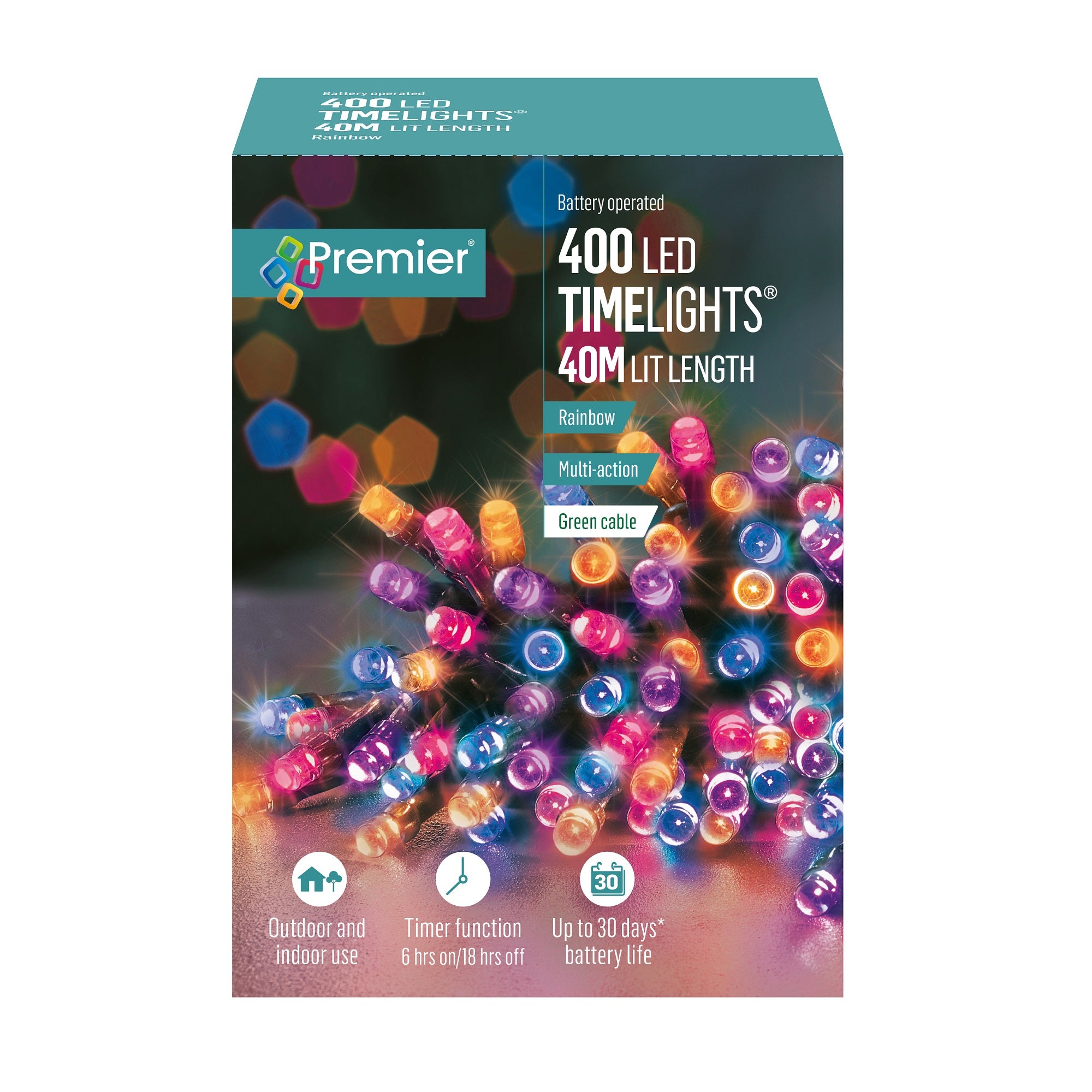 400 Rainbow Multi Action Battery Powered LED Lights with Timer Budget ???? Premier 400 Rainbow Multi Action Battery Powered LED Lights With Timer ???? -UK Christmas World shop LB131955RBW