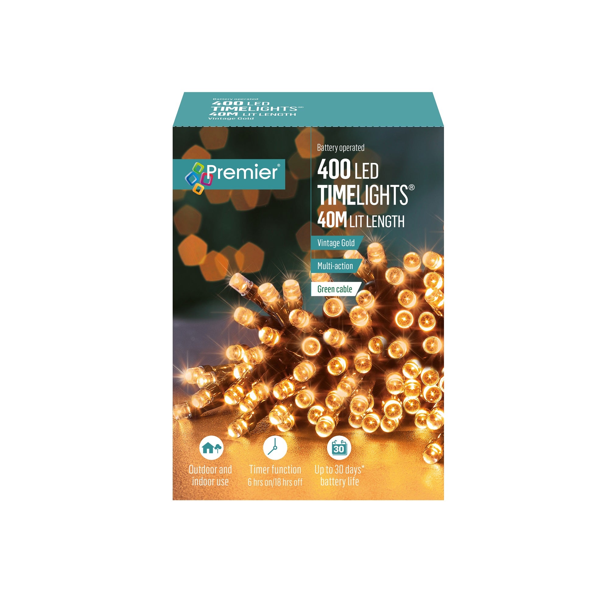 400 Vintage Gold Multi Action Battery Powered LED Lights with Timer Budget ⌛ Premier 400 Vintage Gold Multi Action Battery Powered LED Lights With Timer ???? -UK Christmas World shop LB131955VG