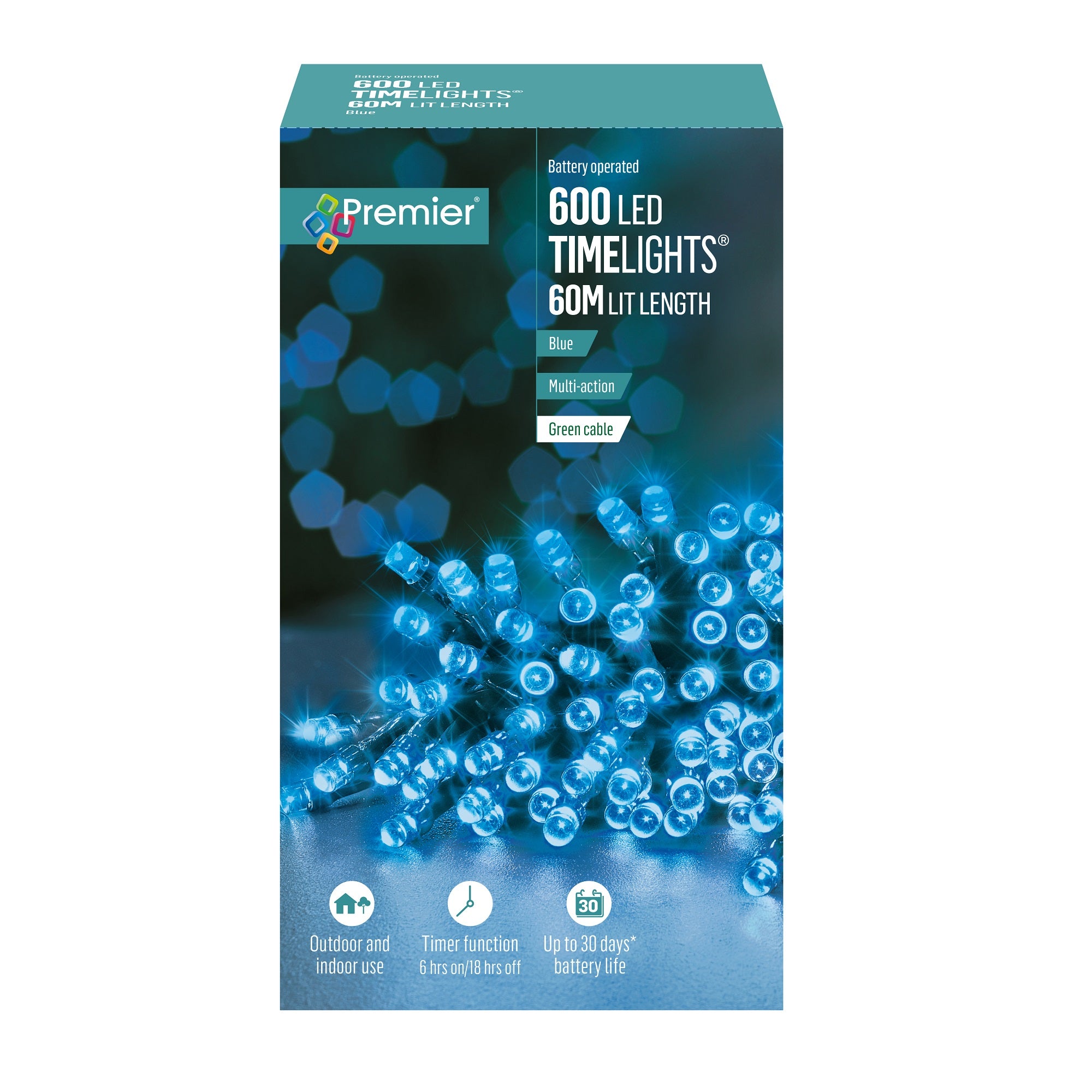 600 Blue Multi Action Battery Powered LED Lights with Timer Budget ⌛ Premier 600 Blue Multi Action Battery Powered LED Lights With Timer ???? -UK Christmas World shop LB131956B