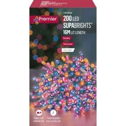 Best Pirce 😀 Premier 200 Rainbow Supabrights Multi Action LED String Lights On Clear Cable With Timer 👏 -UK Christmas World shop LV071255RBWC