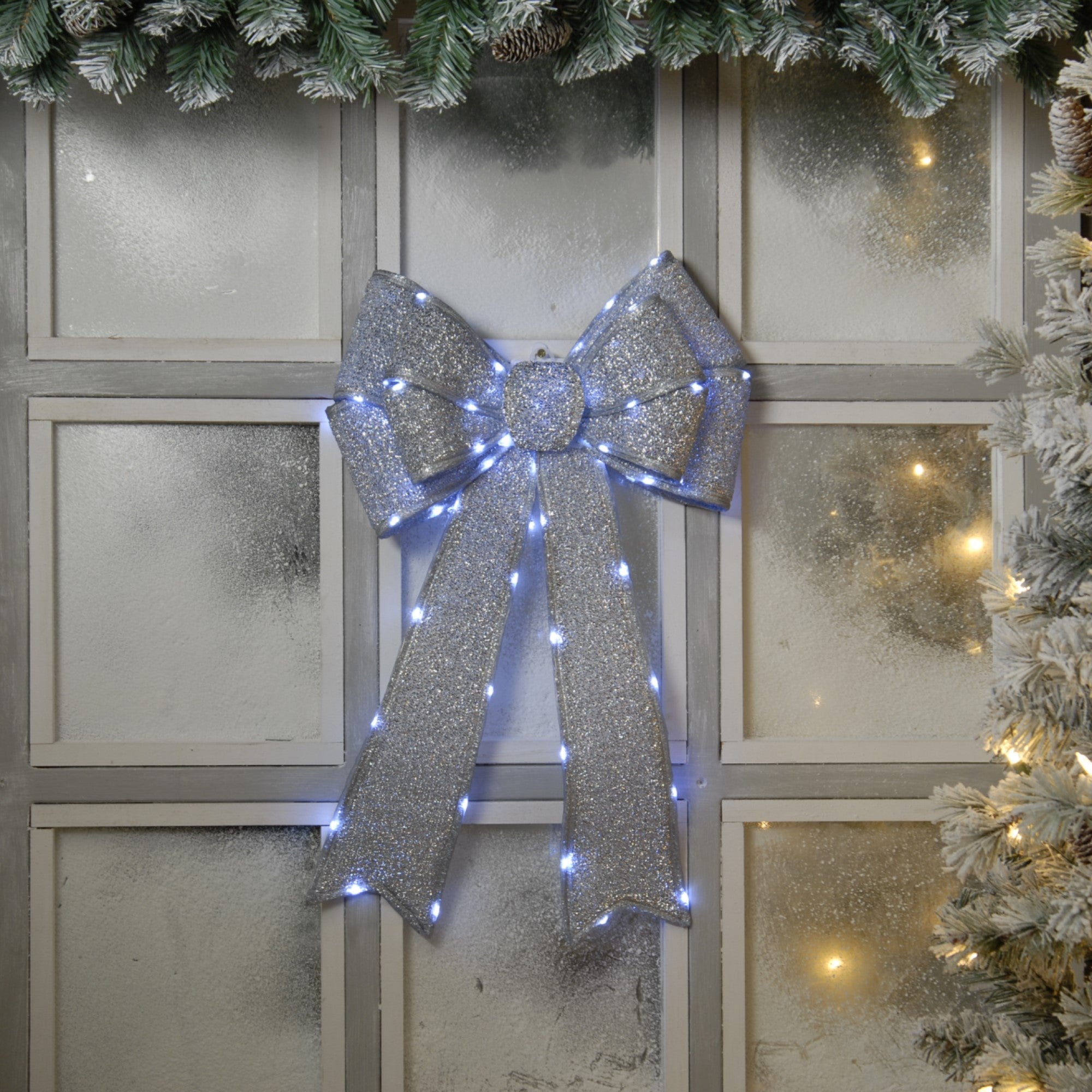 Hot Sale ⌛ Festive LED Lit Silver Fabric Door Bow ⭐ 1 Hot Sale ⌛ Festive LED Lit Silver Fabric Door Bow ⭐