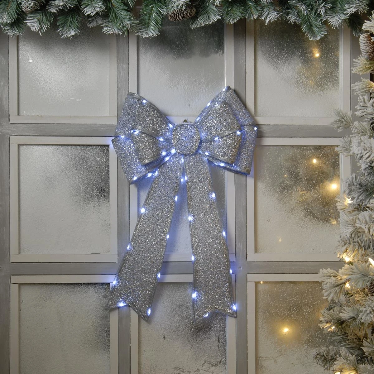 Hot Sale ⌛ Festive LED Lit Silver Fabric Door Bow ⭐ 2 Hot Sale ⌛ Festive LED Lit Silver Fabric Door Bow ⭐ - Image 2